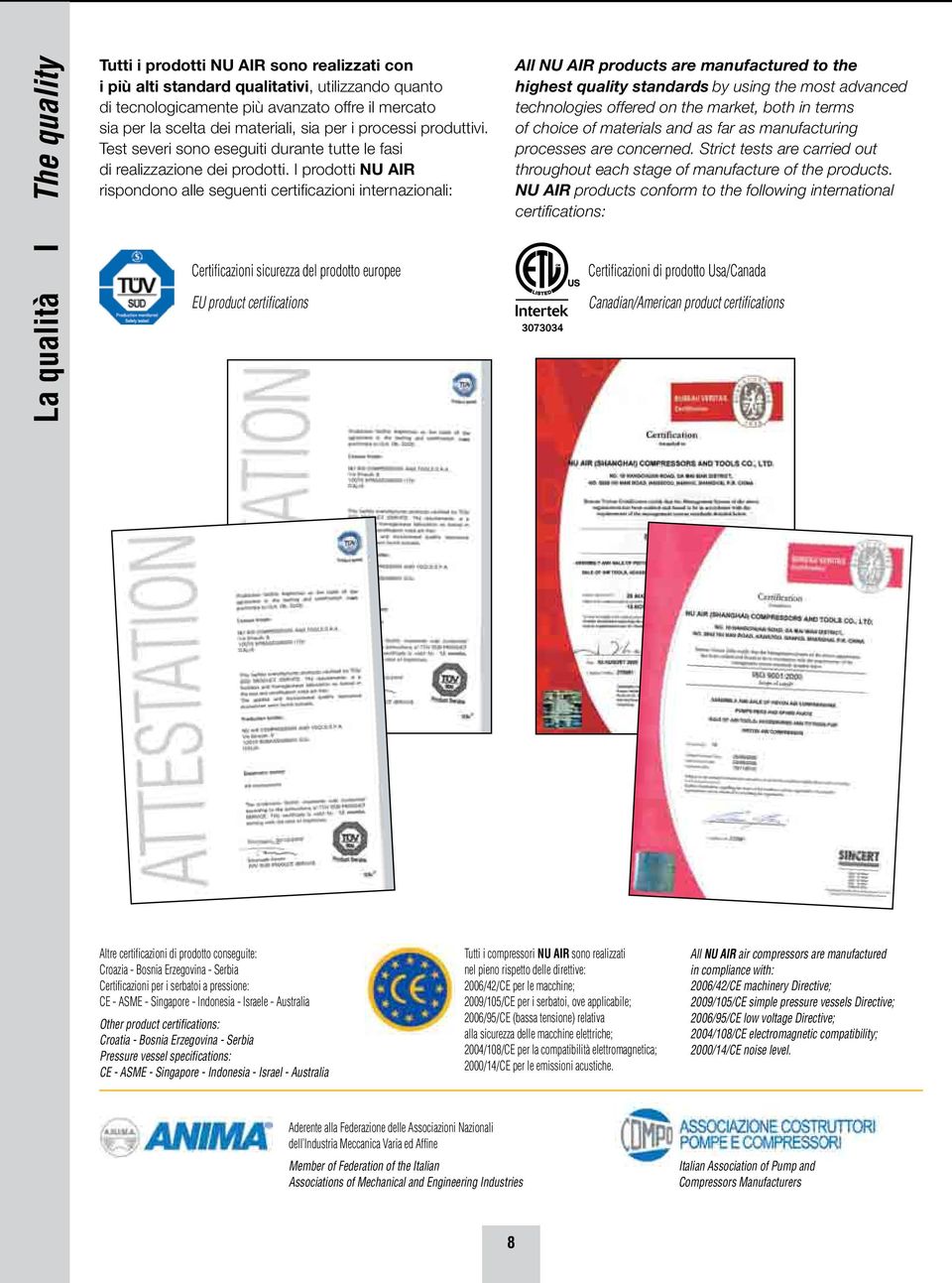 I prodotti NU AIR rispondono alle seguenti certificazioni internazionali: Certificazioni sicurezza del prodotto europee EU product certifications All NU AIR products are manufactured to the highest