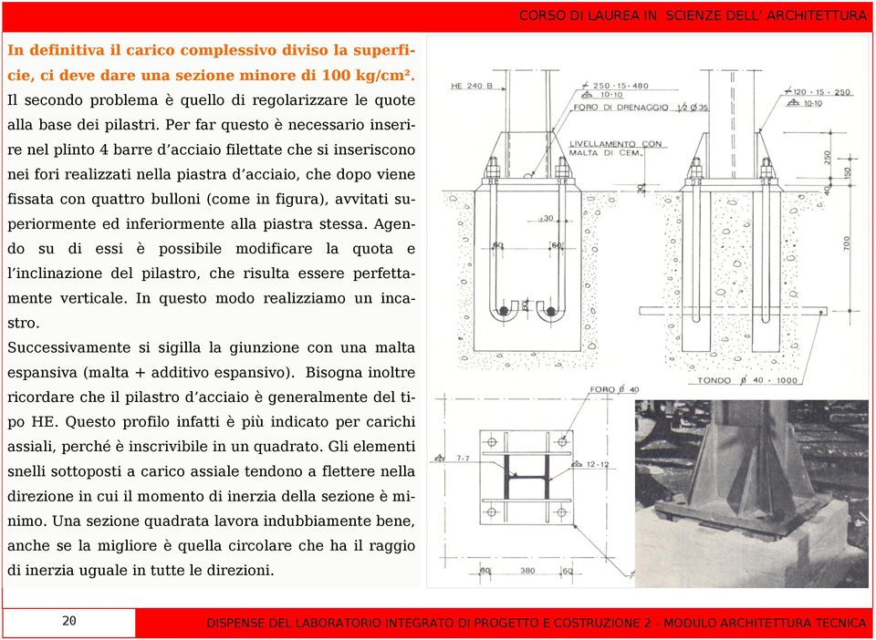 figura), avvitati superiormente ed inferiormente alla piastra stessa. Agendo su di essi è possibile modificare la quota e l inclinazione del pilastro, che risulta essere perfettamente verticale.