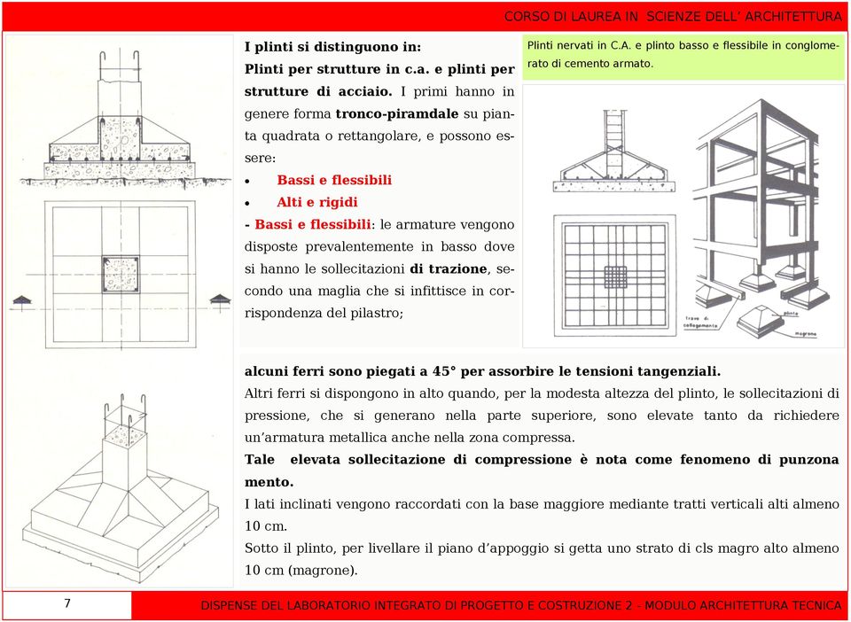 in basso dove si hanno le sollecitazioni di trazione, secondo una maglia che si infittisce in corrispondenza del pilastro; Plinti nervati in C.A.