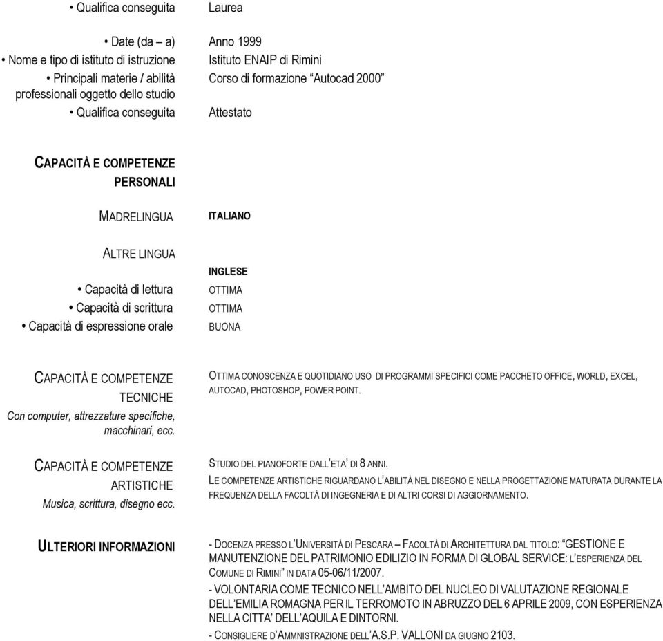 CAPACITÀ E COMPETENZE ARTISTICHE Musica, scrittura, disegno ecc. OTTIMA CONOSCENZA E QUOTIDIANO USO DI PROGRAMMI SPECIFICI COME PACCHETO OFFICE, WORLD, EXCEL, AUTOCAD, PHOTOSHOP, POWER POINT.