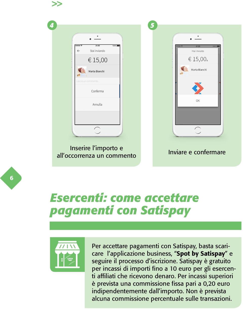 Satispay è gratuito per incassi di importi fino a 10 euro per gli esercenti affiliati che ricevono denaro.