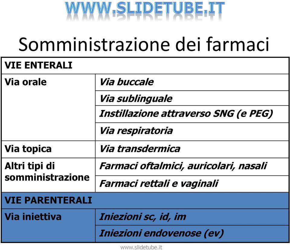 Instillazione attraverso SNG (e PEG) Via respiratoria Via transdermica Farmaci