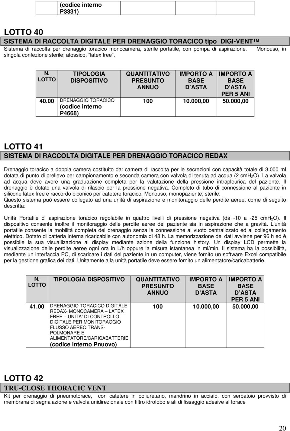 000,00 41 SISTEMA DI RACCOLTA DIGITALE PER DRENAGGIO TORACICO REDAX Drenaggio toracico a doppia camera costituito da: camera di raccolta per le secrezioni con capacità totale di 3.