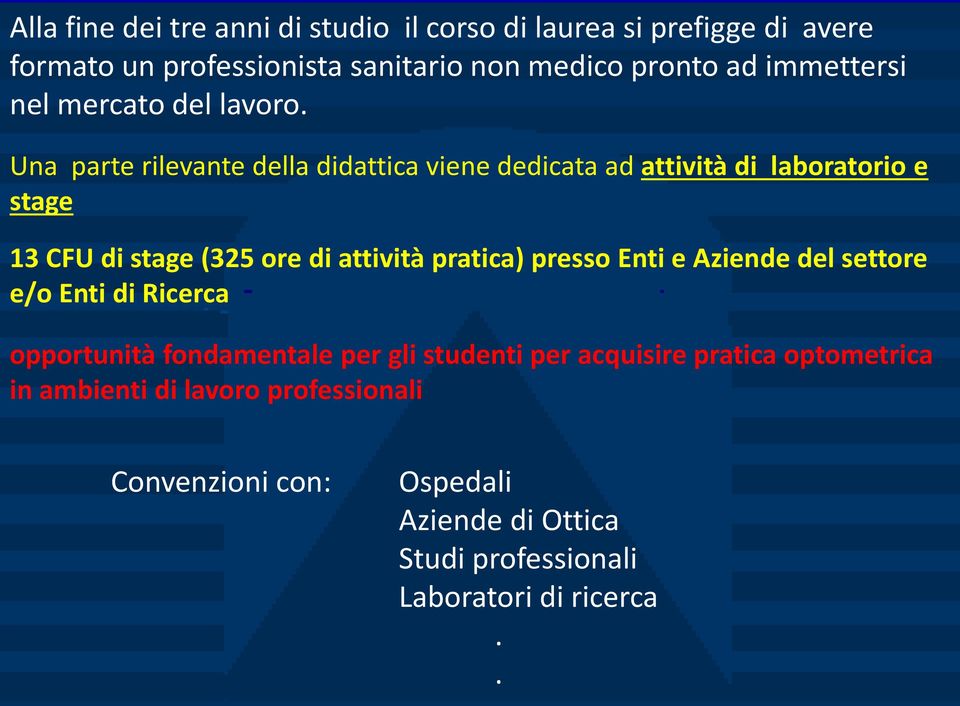 Una parte rilevante della didattica viene dedicata ad attività di laboratorio e stage 13 CFU di stage (325 ore di attività pratica)