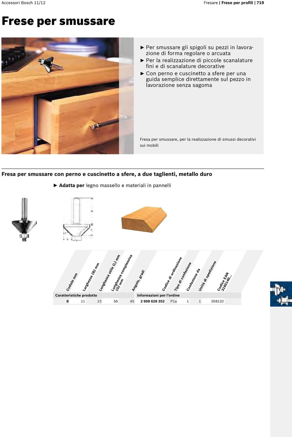 in lavorazione senza sagoma Fresa per smussare, per la realizzazione di smussi decorativi sui mobili Fresa per smussare con perno e cuscinetto a sfere,