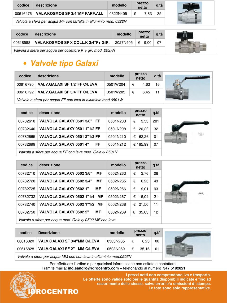 GALAXI SF 3/4"FF C/LEVA 0501W205 6,45 11 Valvola a sfera per acqua FF con leva in alluminio mod.