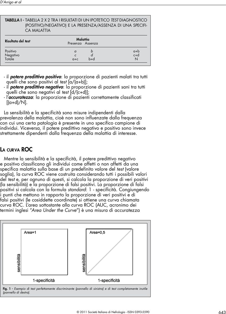 predittivo negativo: la proporzione di pazienti sani tra tutti quelli che sono negativi al test [d/(c+d)]; - l accuratezza: la proporzione di pazienti correttamente classificati [(a+d)/n].