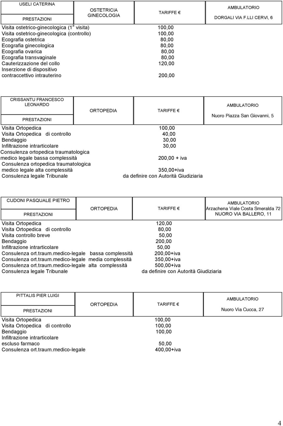 traumatologica medico legale bassa complessità 200,00 + iva Consulenza ortopedica traumatologica medico legale alta complessità 350,00+iva Consulenza legale Tribunale da definire con Autorità