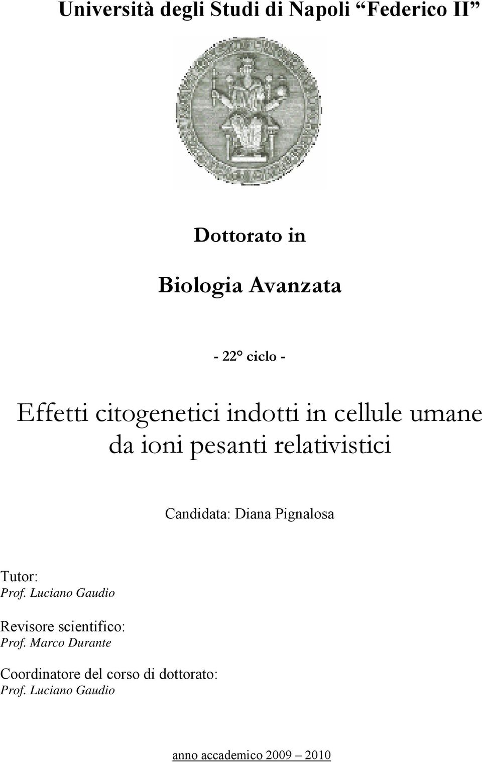 Candidata: Diana Pignalosa Tutor: Prof. Luciano Gaudio Revisore scientifico: Prof.