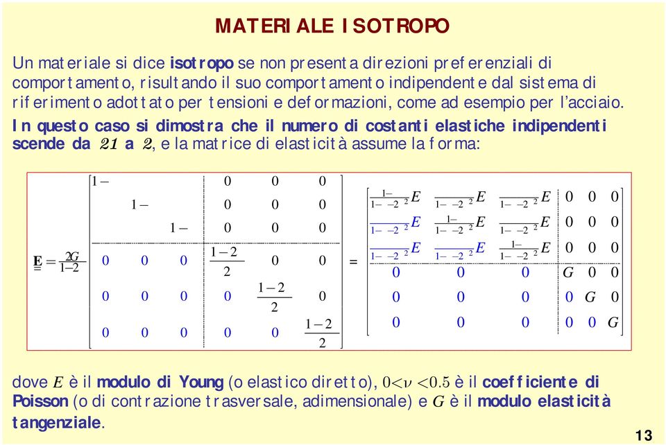 In questo caso si dimostra che il numero di costanti elastiche indipendenti scende da 1 a, e la matrice di elasticità assume la forma: é1- n n n 0 0 0 ù n 1 n n 0 0 0 - n n 1 n 0 0 0 - G 1-n = 0 0 0