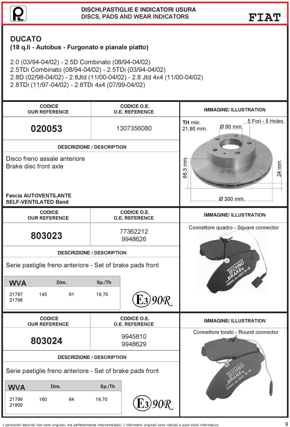 5 Fori - 5 Holes Disco freno assale anteriore Brake disc front axle 66,5 mm. 24 mm. Fascia AUTOVENTILANTE SELF-VENTILATED Band 803023 O.E. 77362212 9948626 Ø 300 mm.