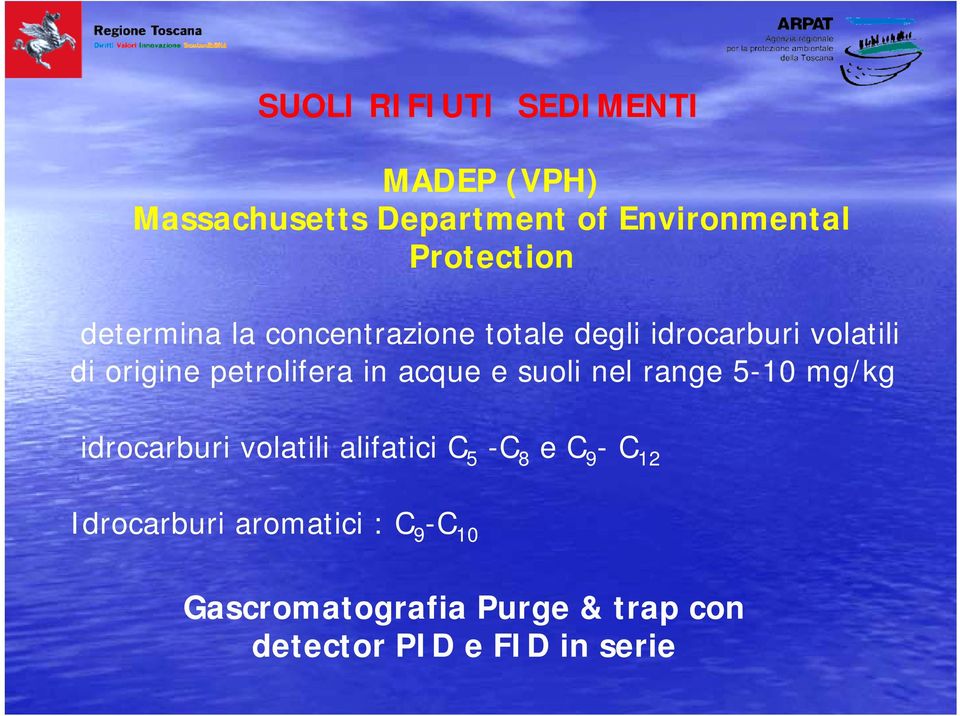 acque e suoli nel range 5-10 mg/kg idrocarburi volatili alifatici C 5 -C 8 e C 9 -C 12