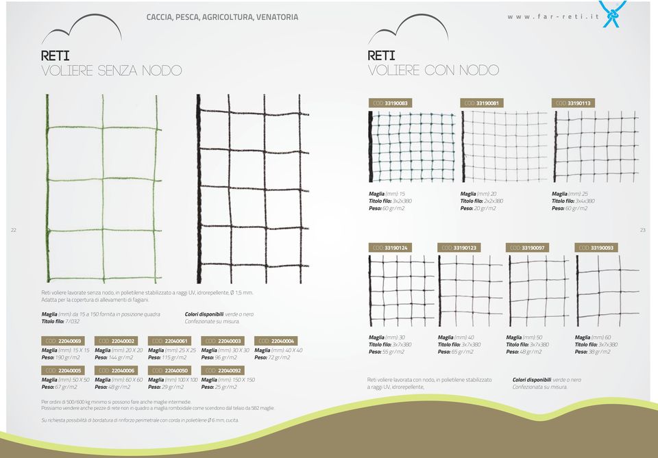 1,5 mm. Adatta per la copertura di allevamenti di fagiani. Maglia (mm): da 15 a 150 fornita in posizione quadra Titolo filo: 7/032 Colori disponibili: verde o nero Confezionate su misura.