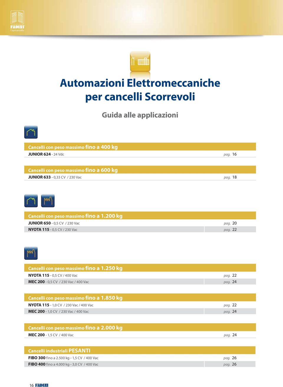 22 Cancelli con peso massimo fino a.250 kg NYOTA 5-0,5 CV / 400 Vac pag. 22 MEC 200-0,5 CV / 230 Vac / 400 Vac pag. 24 Cancelli con peso massimo fino a.