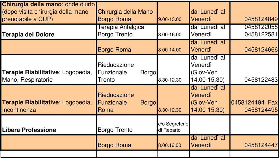 00 Terapie Riabilitative: Logopedia, Mano, Respiratorie Terapie Riabilitative: Logopedia, Incontinenza Borgo Roma 8.00-14.