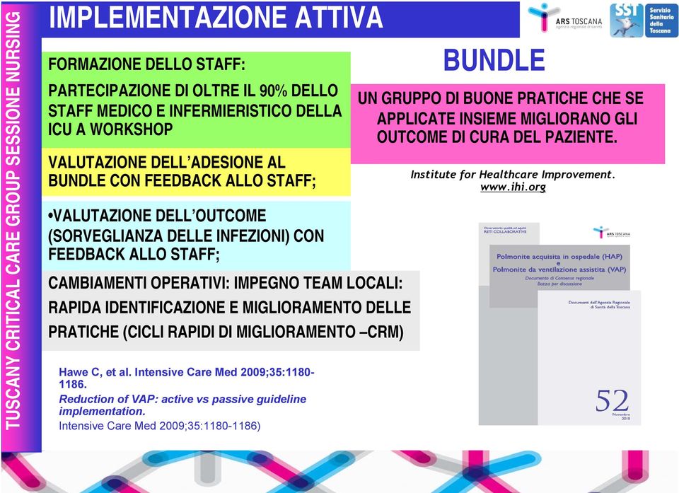 MIGLIORAMENTO DELLE PRATICHE (CICLI RAPIDI DI MIGLIORAMENTO CRM) Hawe C, et al. Intensive Care Med 2009;35:1180-1186. Reduction of VAP: active vs passive guideline implementation.