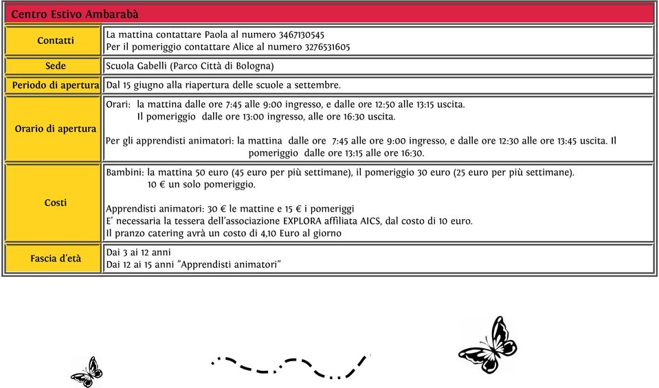 Il pomeriggio dalle ore 13:00 ingresso, alle ore 16:30 uscita. Per gli apprendisti animatori: la mattina dalle ore 7:45 alle ore 9:00 ingresso, e dalle ore 12:30 alle ore 13:45 uscita.