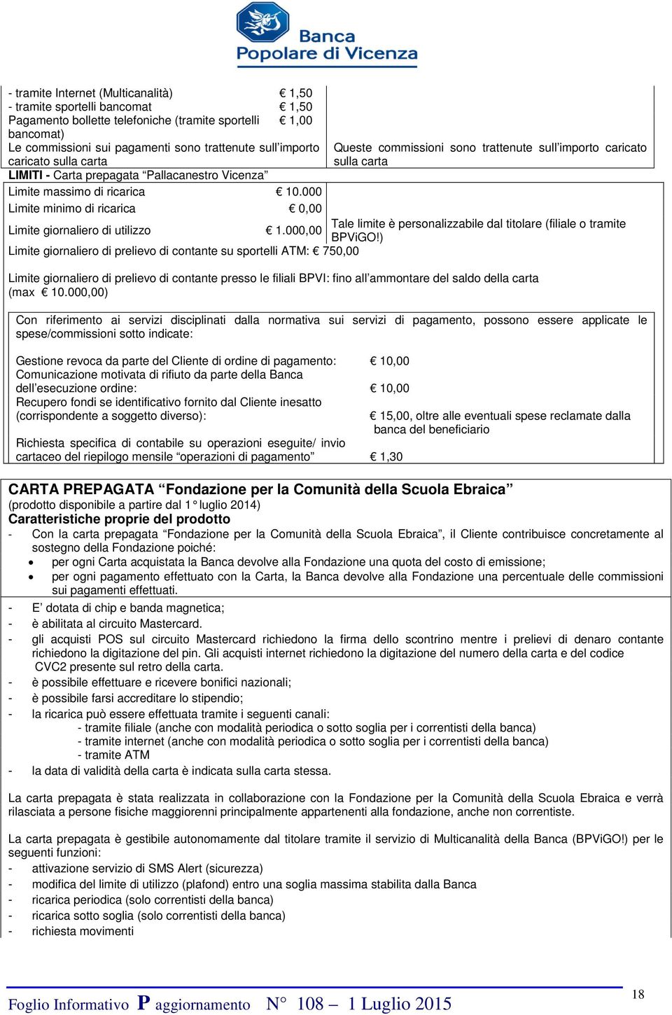 000 Limite minimo di ricarica 0,00 Queste commissioni sono trattenute sull importo caricato sulla carta Tale limite è personalizzabile dal titolare (filiale o tramite Limite giornaliero di utilizzo 1.