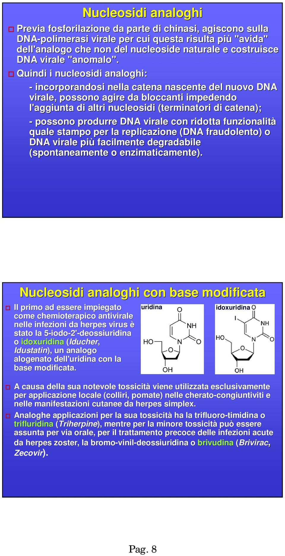 Quindi i nucleosidi analoghi: - incorporandosi nella catena nascente del nuovo DNA virale, possono agire da bloccanti impedendo l'aggiunta di altri nucleosidi (terminatori di catena); - possono