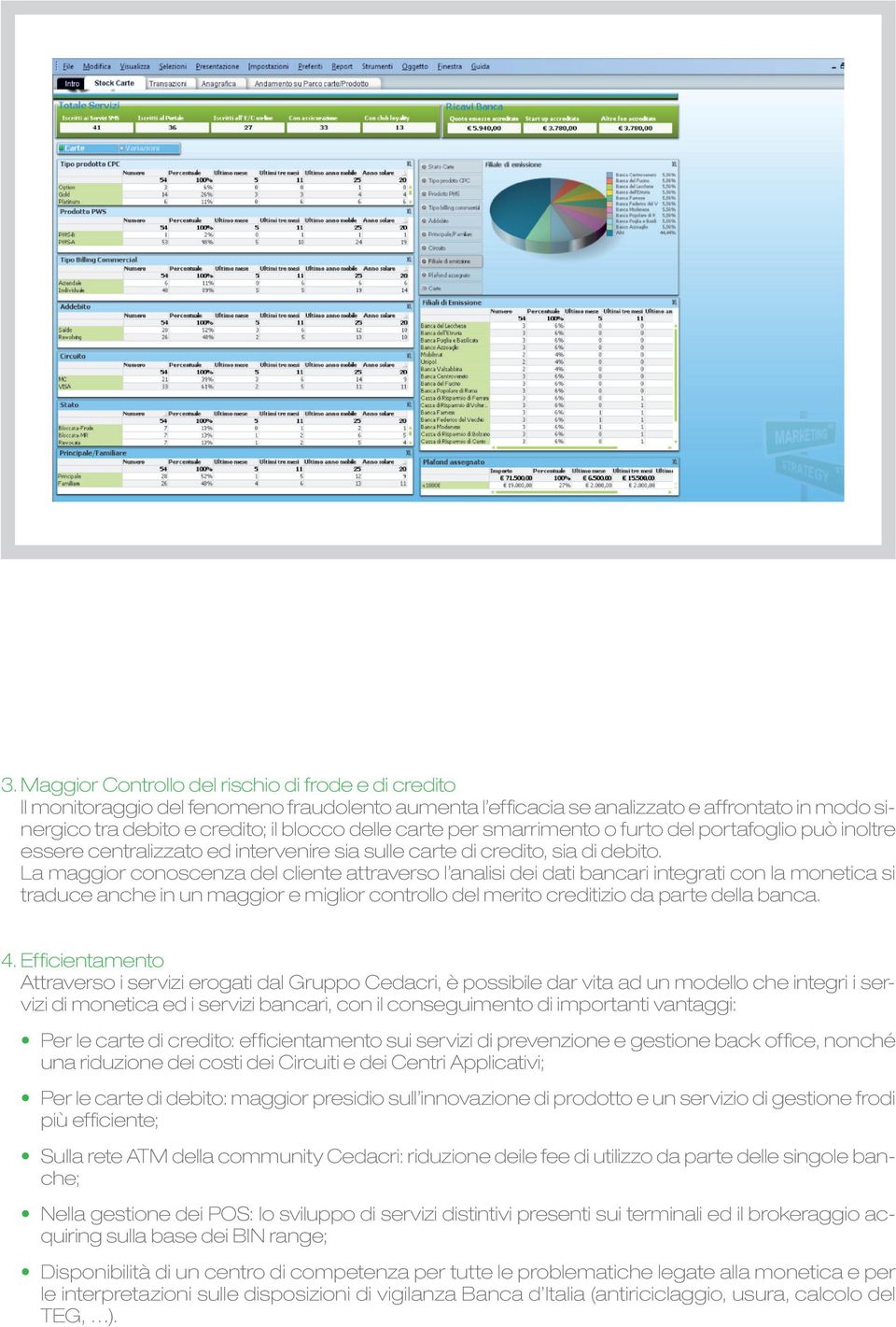 La maggior conoscenza del cliente attraverso l analisi dei dati bancari integrati con la monetica si traduce anche in un maggior e miglior controllo del merito creditizio da parte della banca. 4.