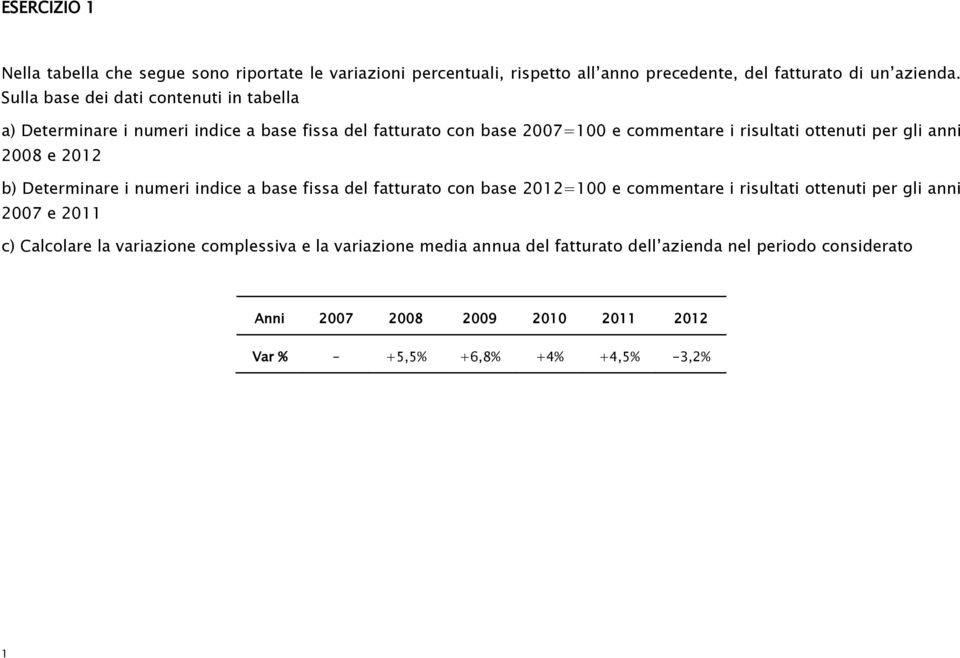 anni 2008 e 2012 b) Determinare i numeri indice a base fissa del fatturato con base 2012=100 e commentare i risultati ottenuti per gli anni 2007 e 2011 c)