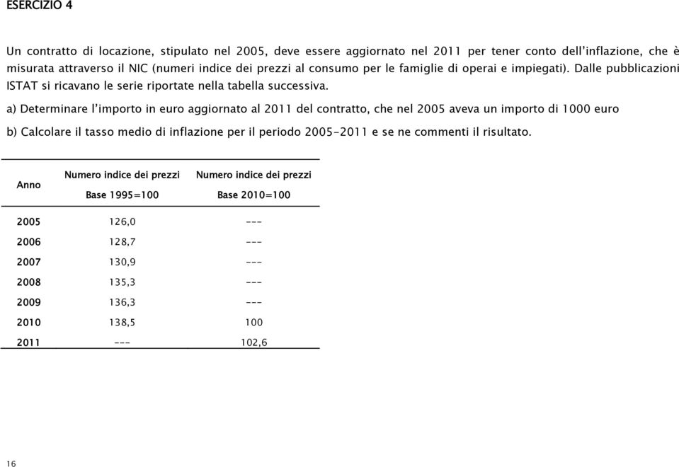 a) Determinare l importo in euro aggiornato al 2011 del contratto, che nel 2005 aveva un importo di 1000 euro b) Calcolare il tasso medio di inflazione per il periodo 2005-2011 e