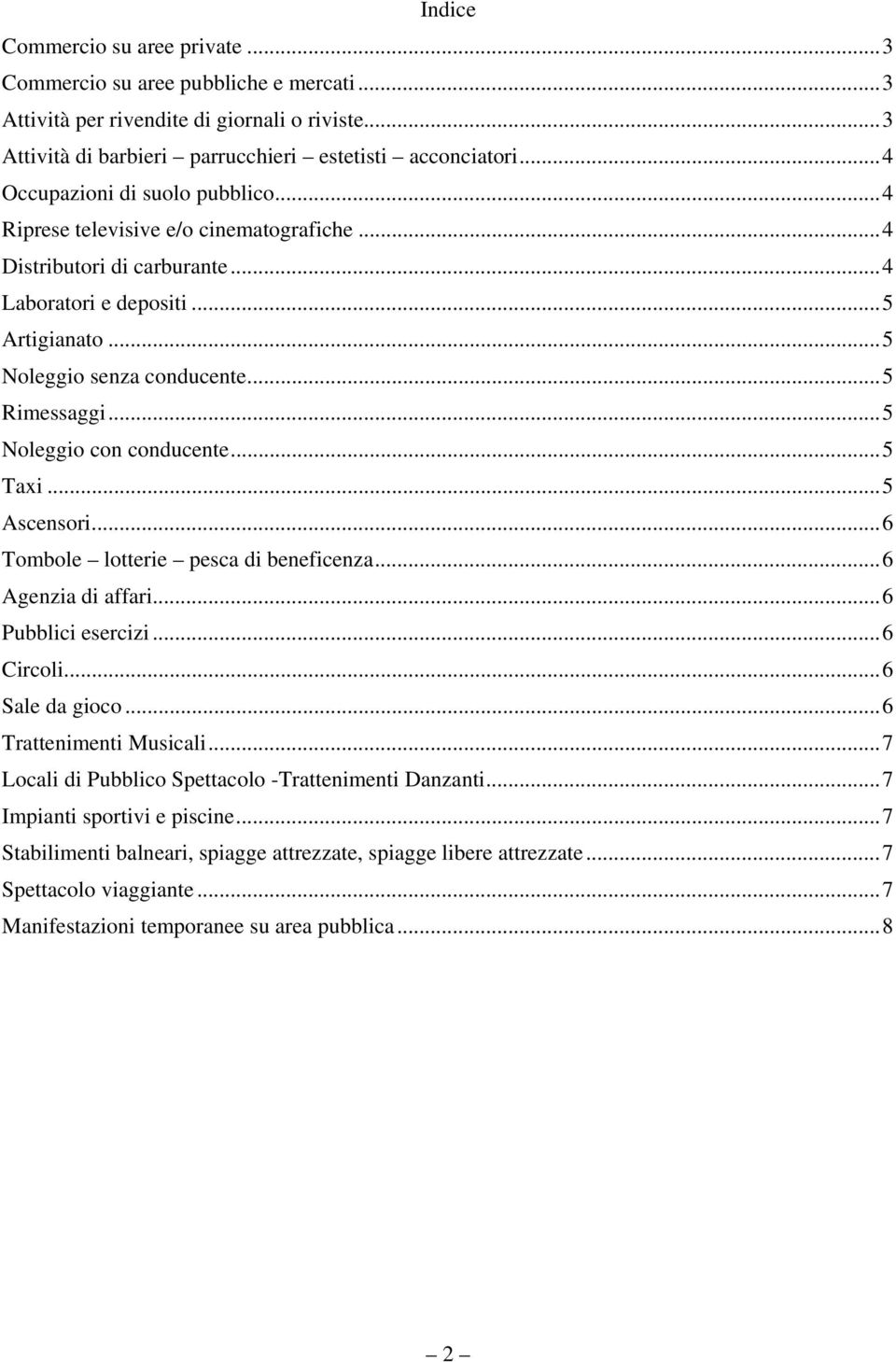 ..5 Noleggio con conducente...5 Taxi...5 Ascensori...6 Tombole lotterie pesca di beneficenza...6 Agenzia di affari...6 Pubblici esercizi...6 Circoli...6 Sale da gioco...6 Trattenimenti Musicali.