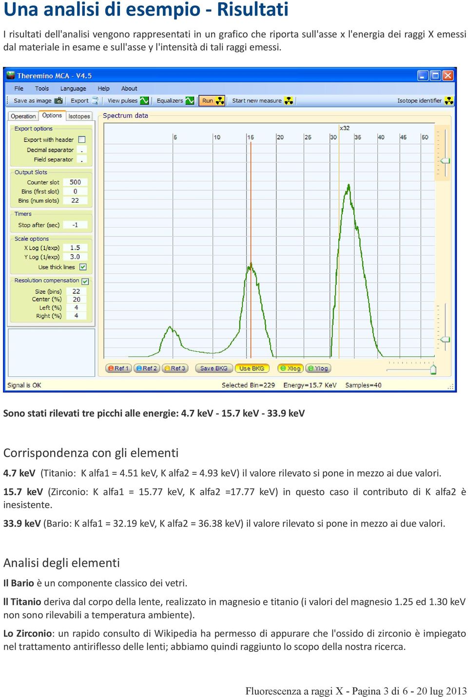 93 kev) il valore rilevato si pone in mezzo ai due valori. 15.7 kev (Zirconio: K alfa1 = 15.77 kev, K alfa2 =17.77 kev) in questo caso il contributo di K alfa2 è inesistente. 33.