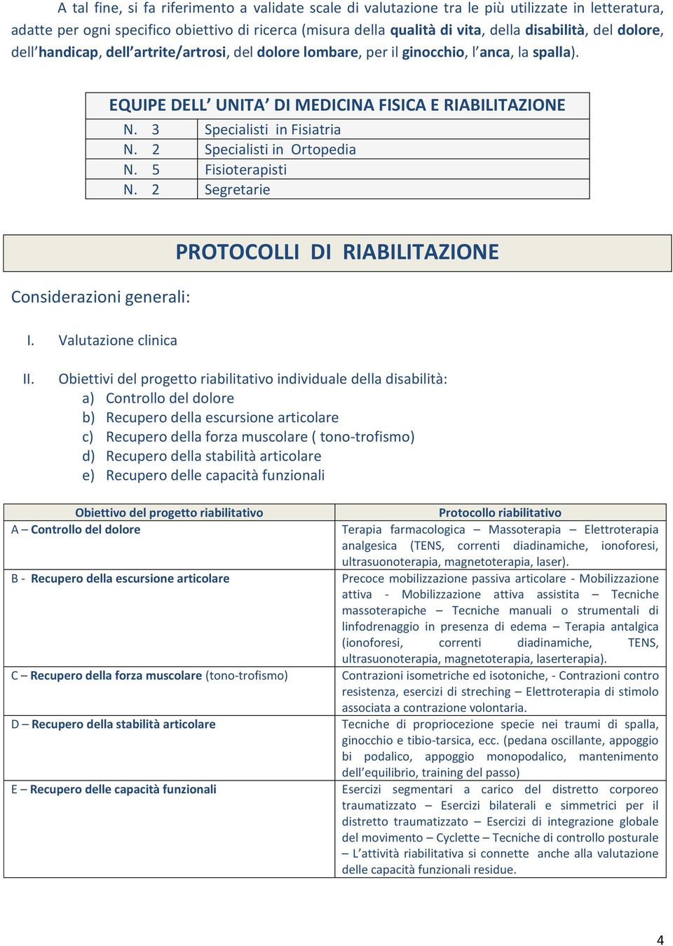 2 Specialisti in Ortopedia N. 5 Fisioterapisti N. 2 Segretarie Considerazioni generali: I. Valutazione clinica PROTOCOLLI DI RIABILITAZIONE II.