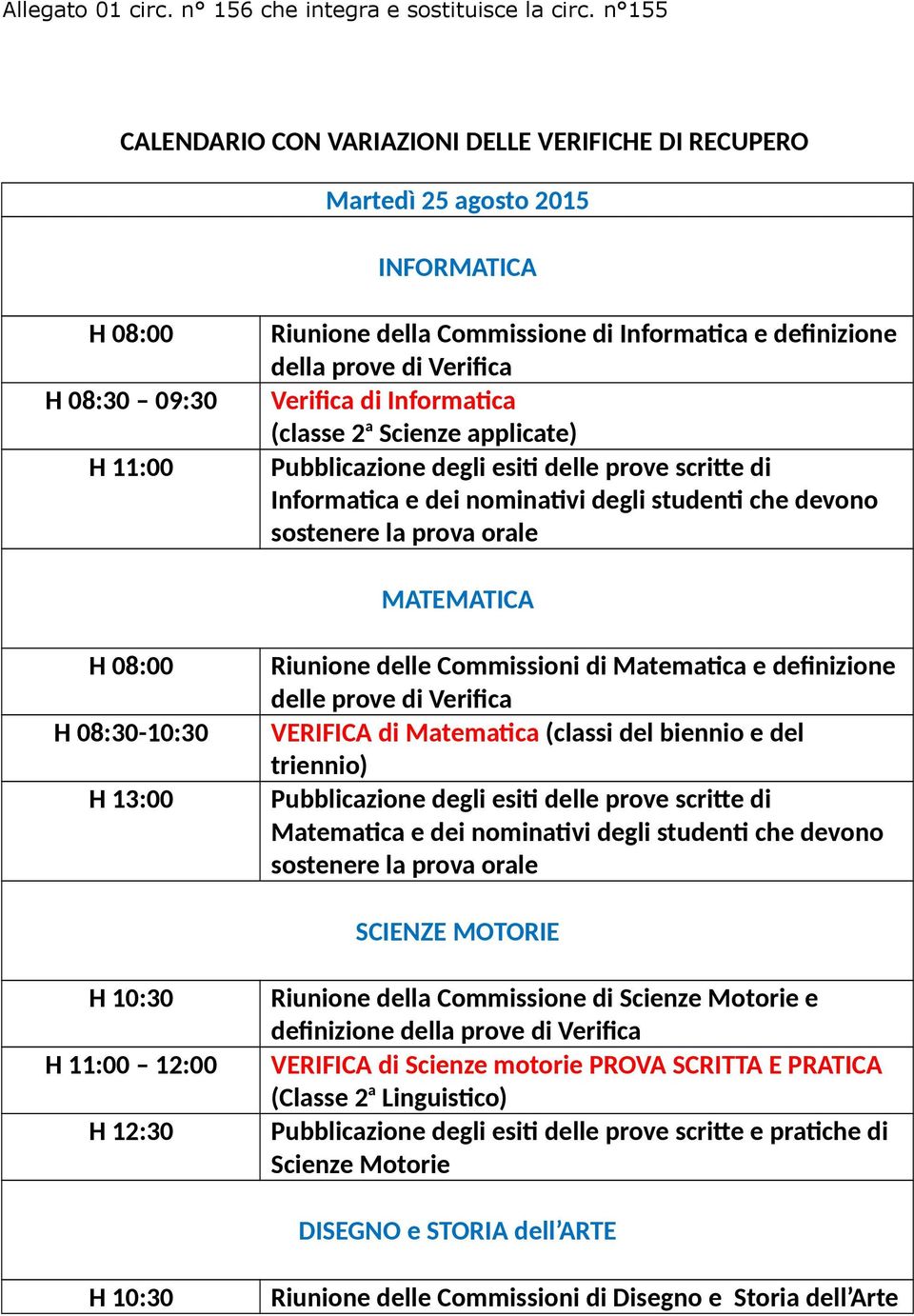 Verifica di Informatica (classe 2 a Scienze applicate) Pubblicazione degli esiti delle prove scritte di Informatica e dei nominativi degli studenti che devono sostenere la MATEMATICA H 08:30-10:30