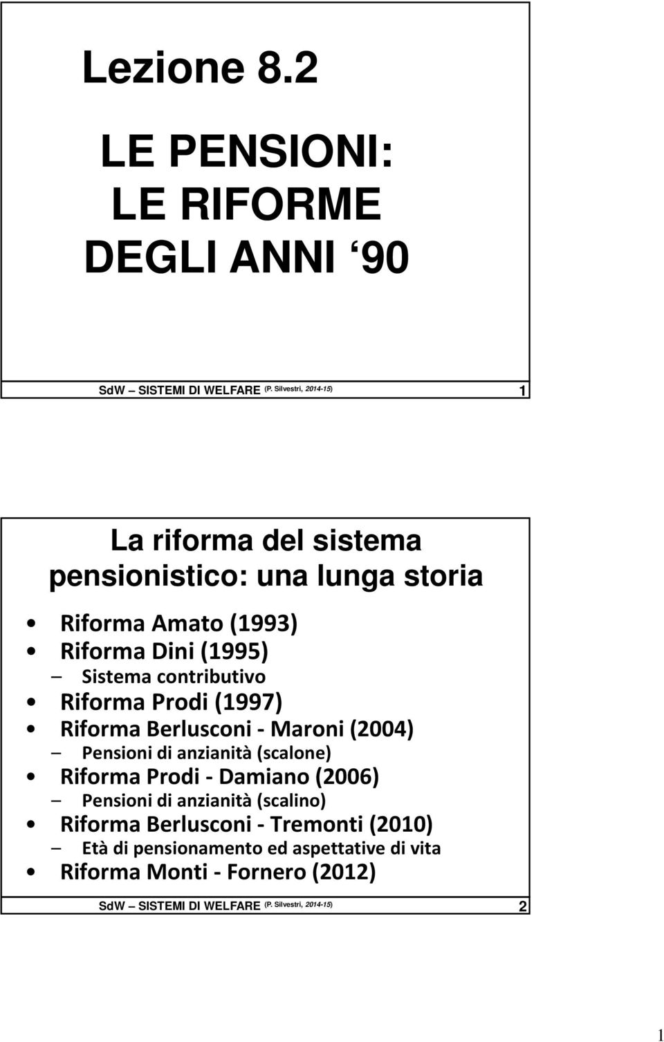 contributivo Riforma Prodi (1997) Riforma Berlusconi Maroni (2004) Pensioni di anzianità (scalone) Riforma Prodi Damiano (2006)