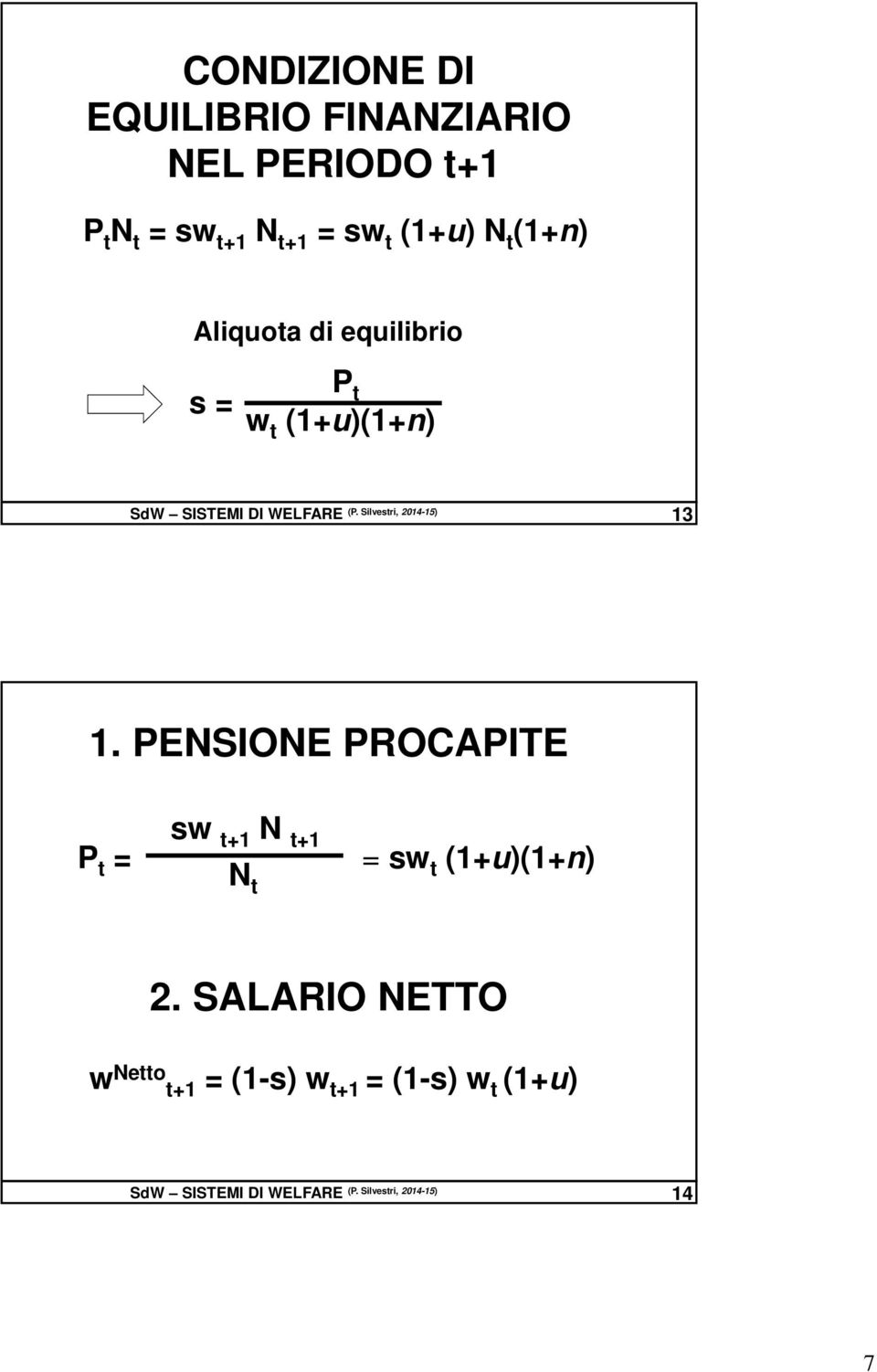 Silvestri, 2014-15) 13 1. PENSIONE PROCAPITE P t = sw t+1 N t+1 N t = sw t (1+u)(1+n) 2.