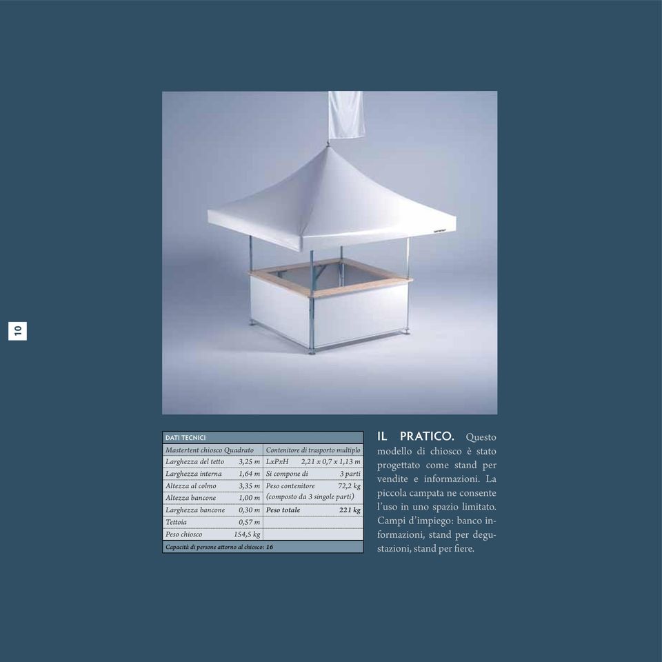 221 kg Tettoia 0,57 m Peso chiosco 154,5 kg Capacità di persone attorno al chiosco: 16 Il pratico.