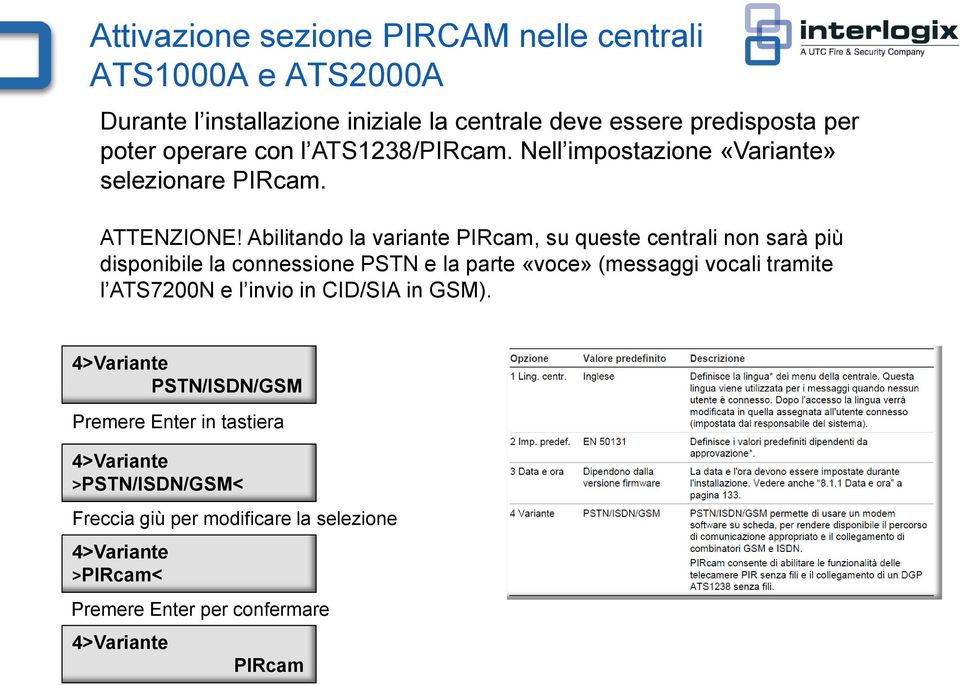 Abilitando la variante PIRcam, su queste centrali non sarà più disponibile la connessione PSTN e la parte «voce» (messaggi vocali tramite l ATS7200N