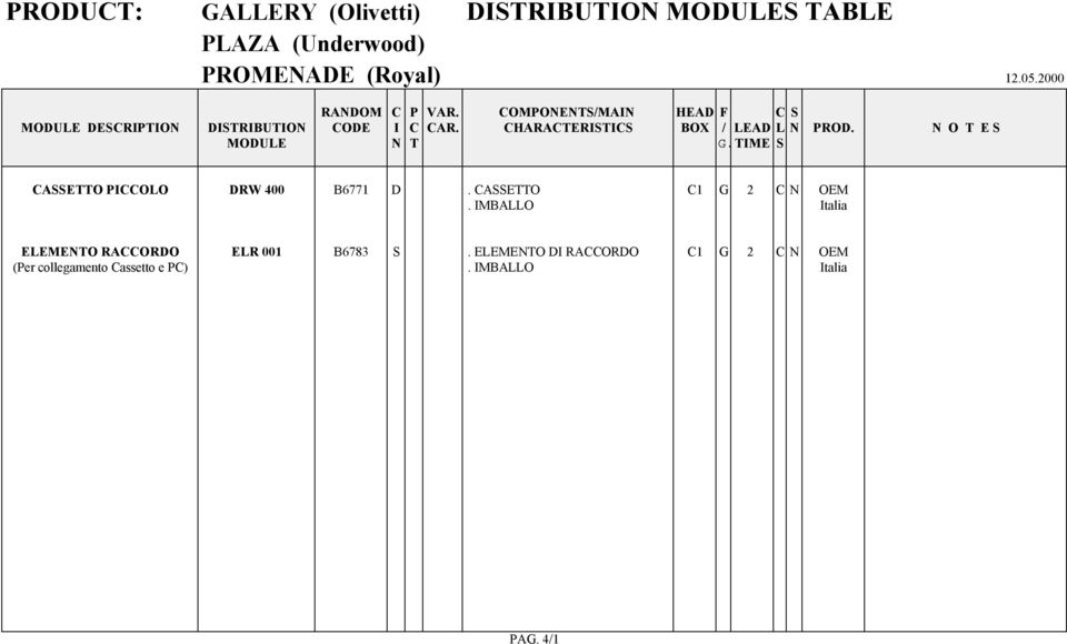 N O T E S MODULE N T TIME S CASSETTO PICCOLO DRW 400 B6771 D. CASSETTO C1 G 2 C N OEM.