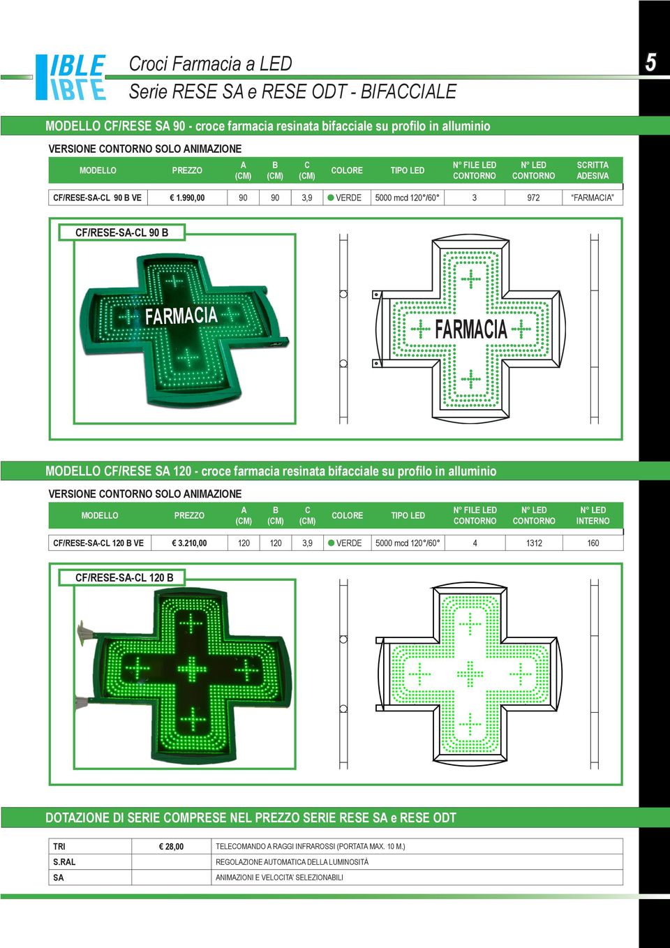 990,00 90 90 3,9 VERDE 5000 mcd 120 /60 3 972 FARMACIA CF/RESE-SA-CL 90 B FARMACIA FARMACIA MODELLO CF/RESE SA 120 - croce farmacia resinata bifacciale su profilo in alluminio VERSIONE SOLO