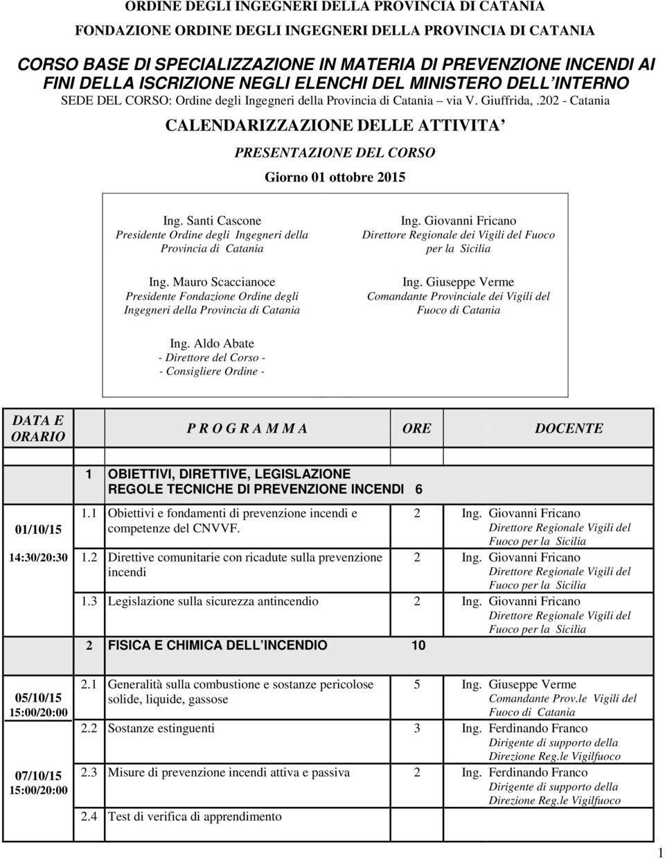 202 - Catania CALENDARIZZAZIONE DELLE ATTIVITA PRESENTAZIONE DEL CORSO Giorno 01 ottobre 2015 Ing. Santi Cascone Presidente Ordine degli Ingegneri della Provincia di Catania Ing.