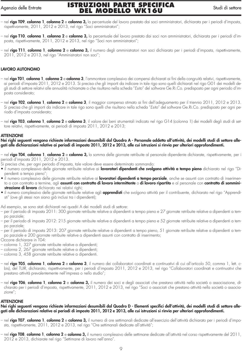 2013, nel rigo Soci non amministratori ; nel rigo T11, colonna 1, colonna 2 e colonna 3, il numero degli amministratori non soci dichiarato per i periodi d imposta, rispettivamente, 2011, 2012 e