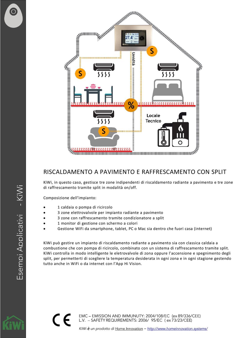 Composizione dell impianto: 1 caldaia o pompa di ricircolo 3 zone elettrovalvole per impianto radiante a pavimento 3 zone con raffrescamento tramite condizionatore a split 1 monitor di gestione con