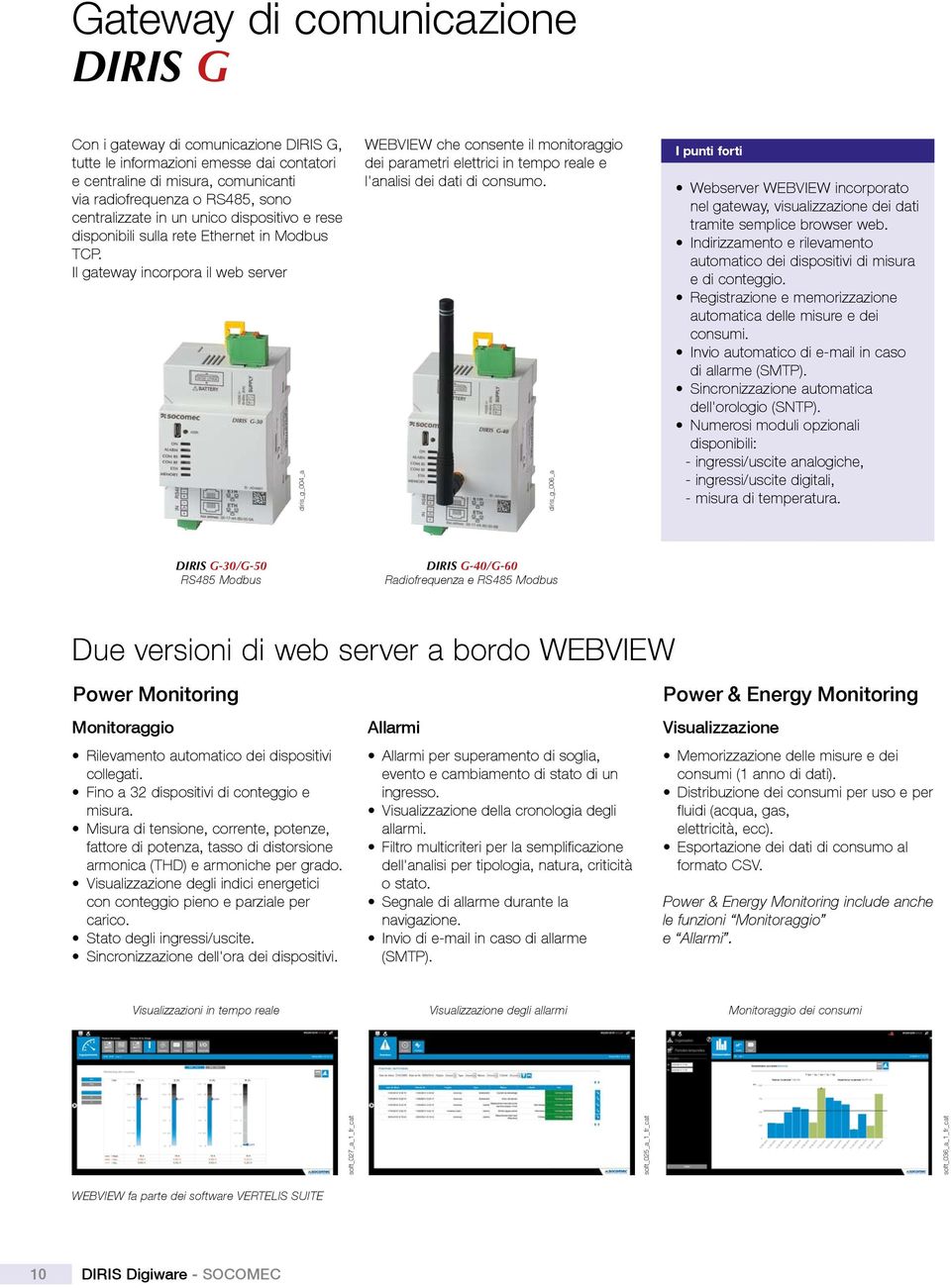 Il gateway incorpora il web server diris_g_004_a WEBVIEW che consente il monitoraggio dei parametri elettrici in tempo reale e l'analisi dei dati di consumo.