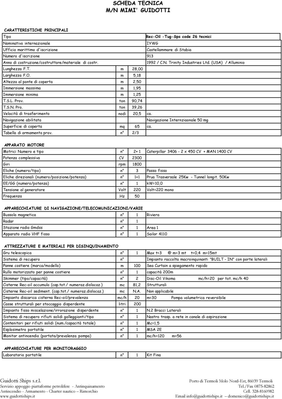 Navigazione abilitata Superficie di coperta mq 65 ca. Tabella di armamento prov. n 2/3 2/3 APPARATO MOTORE Rec-Oil -Tug-Sps code 26 tecnici IYWG Castellammare di Stabia 1992 / C.N. Trinity Industries Ltd.
