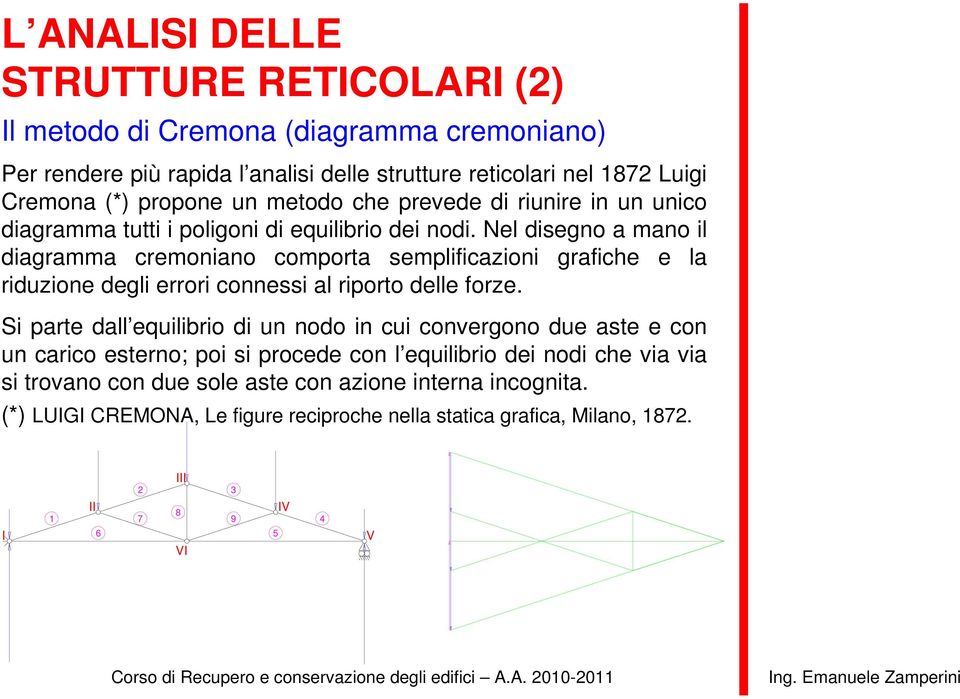 Nel disegno a mano il diagramma cremoniano comporta semplificazioni grafiche e la riduzione degli errori connessi al riporto delle forze.