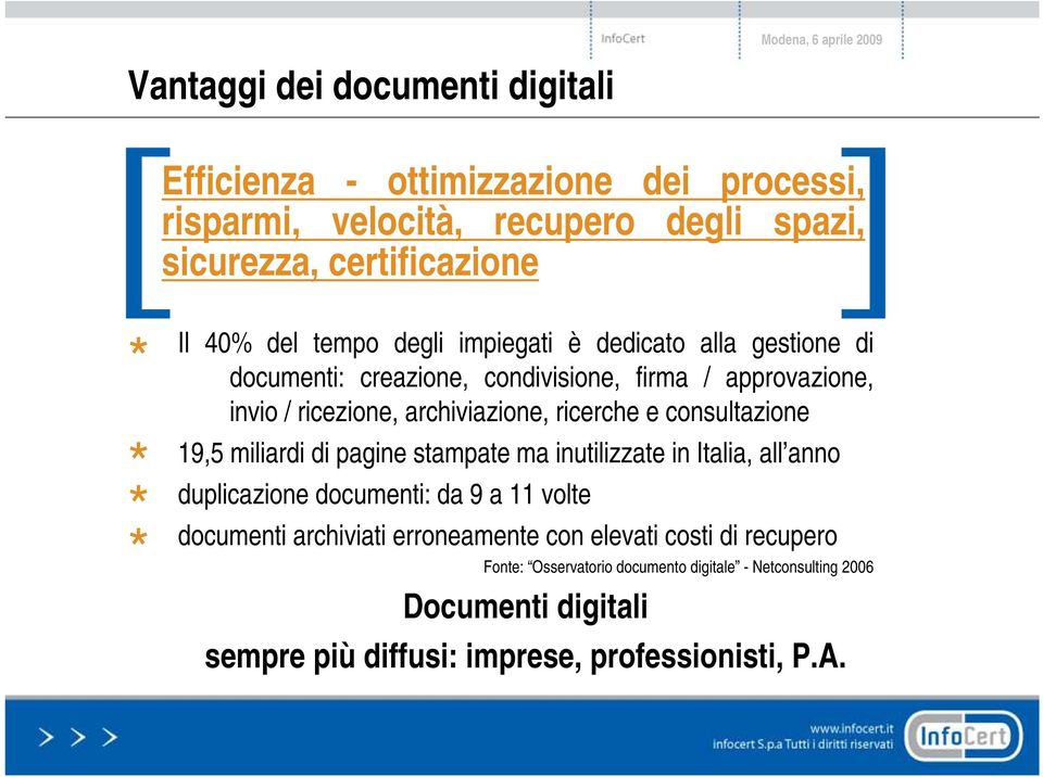 consultazione 19,5 miliardi di pagine stampate ma inutilizzate in Italia, all anno duplicazione documenti: da 9 a 11 volte documenti archiviati