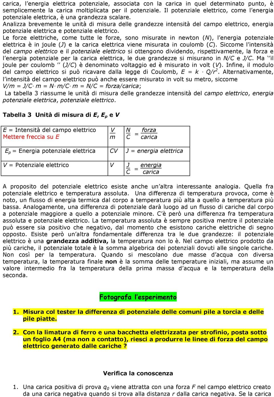 Analizza brevemente le unità di misura delle grandezze intensità del campo elettrico, energia potenziale elettrica e potenziale elettrico.