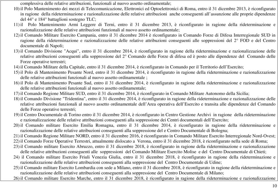 sostegno TLC; 11) il Polo Mantenimento Armi Leggere di Terni, entro il 31 dicembre 2013, è riconfigurato in ragione della rideterminazione e razionalizzazione delle relative attribuzioni funzionali