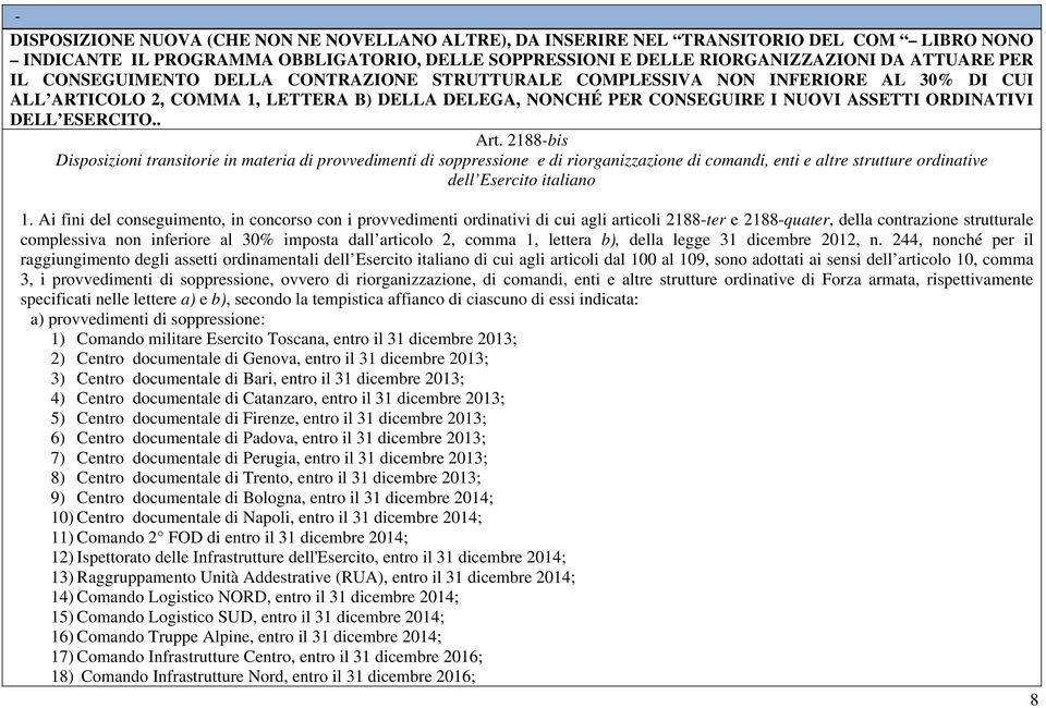 . Art. 2188-bis Disposizioni transitorie in materia di provvedimenti di soppressione e di riorganizzazione di comandi, enti e altre strutture ordinative dell Esercito italiano 1.