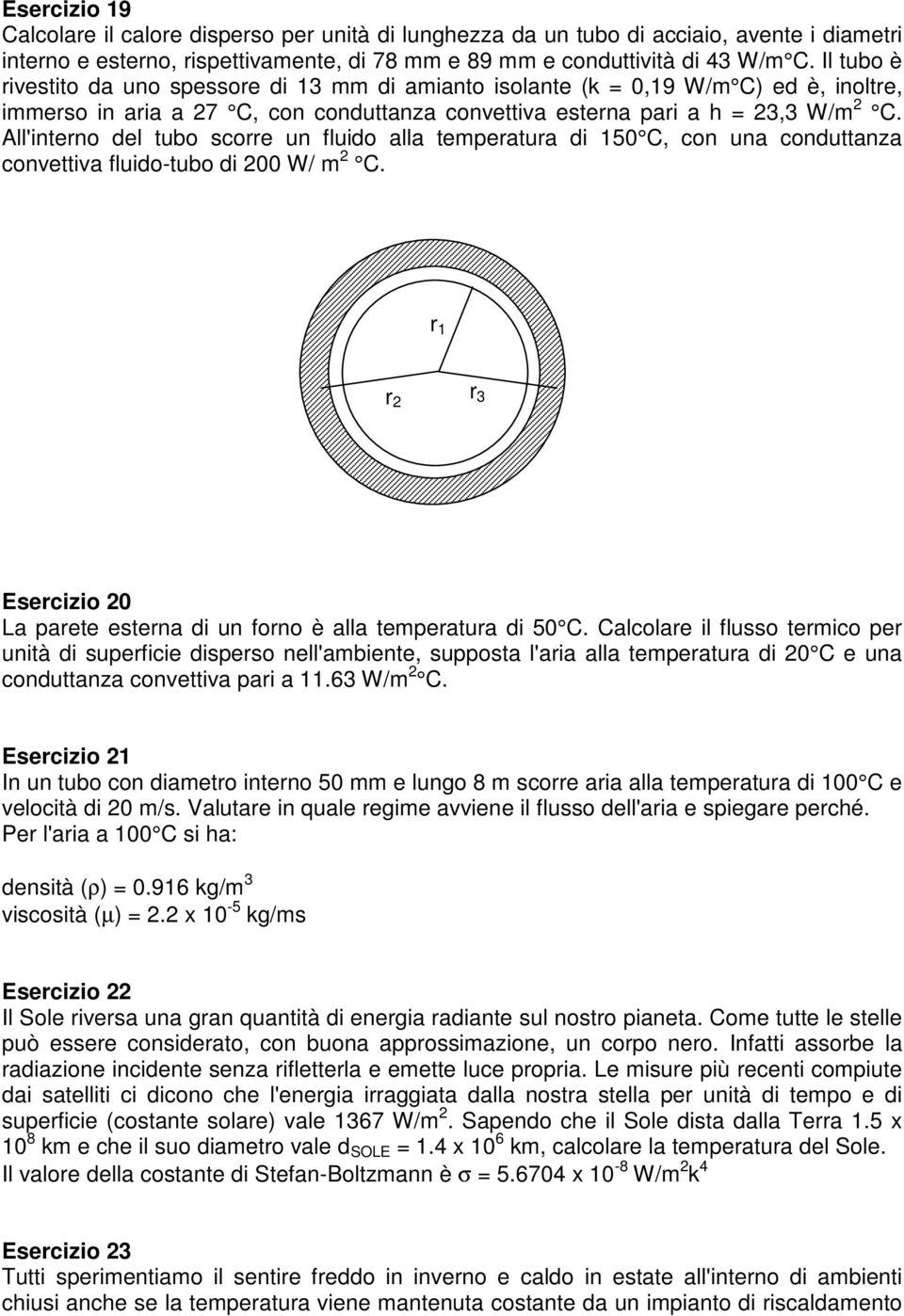 All'interno del tubo scorre un fluido alla temperatura di 150 C, con una conduttanza convettiva fluido-tubo di 200 W/ m 2 C.