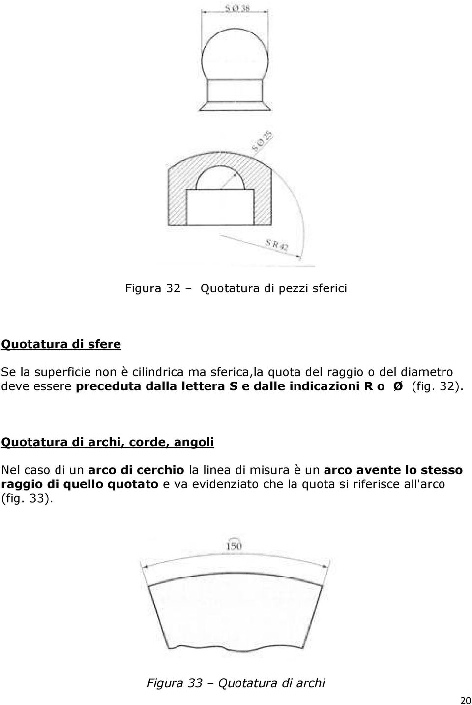 Quotatura di archi, corde, angoli Nel caso di un arco di cerchio la linea di misura è un arco avente lo stesso