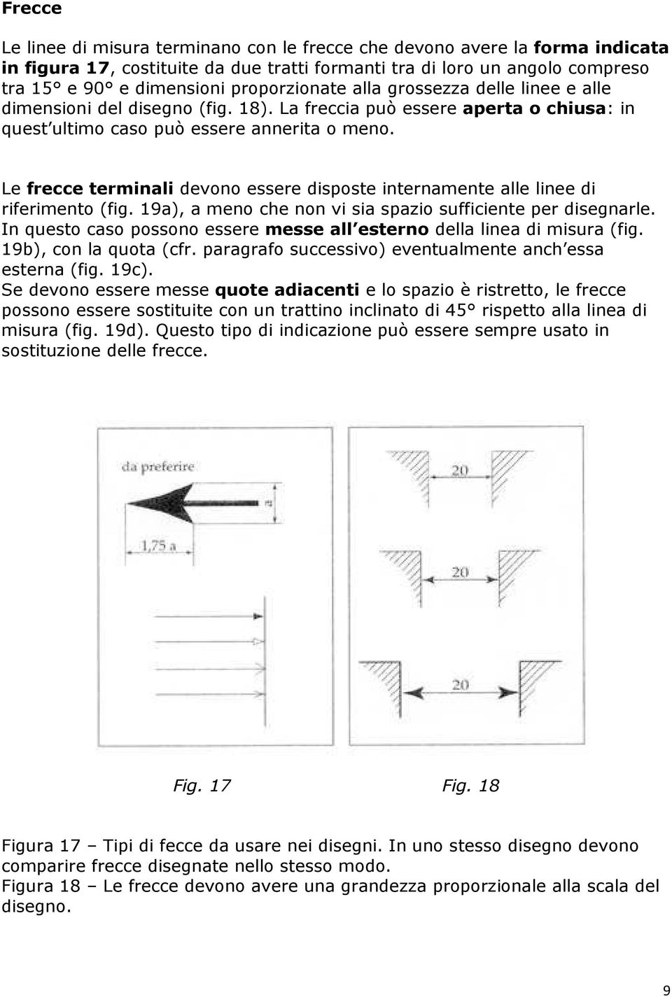 Le frecce terminali devono essere disposte internamente alle linee di riferimento (fig. 19a), a meno che non vi sia spazio sufficiente per disegnarle.