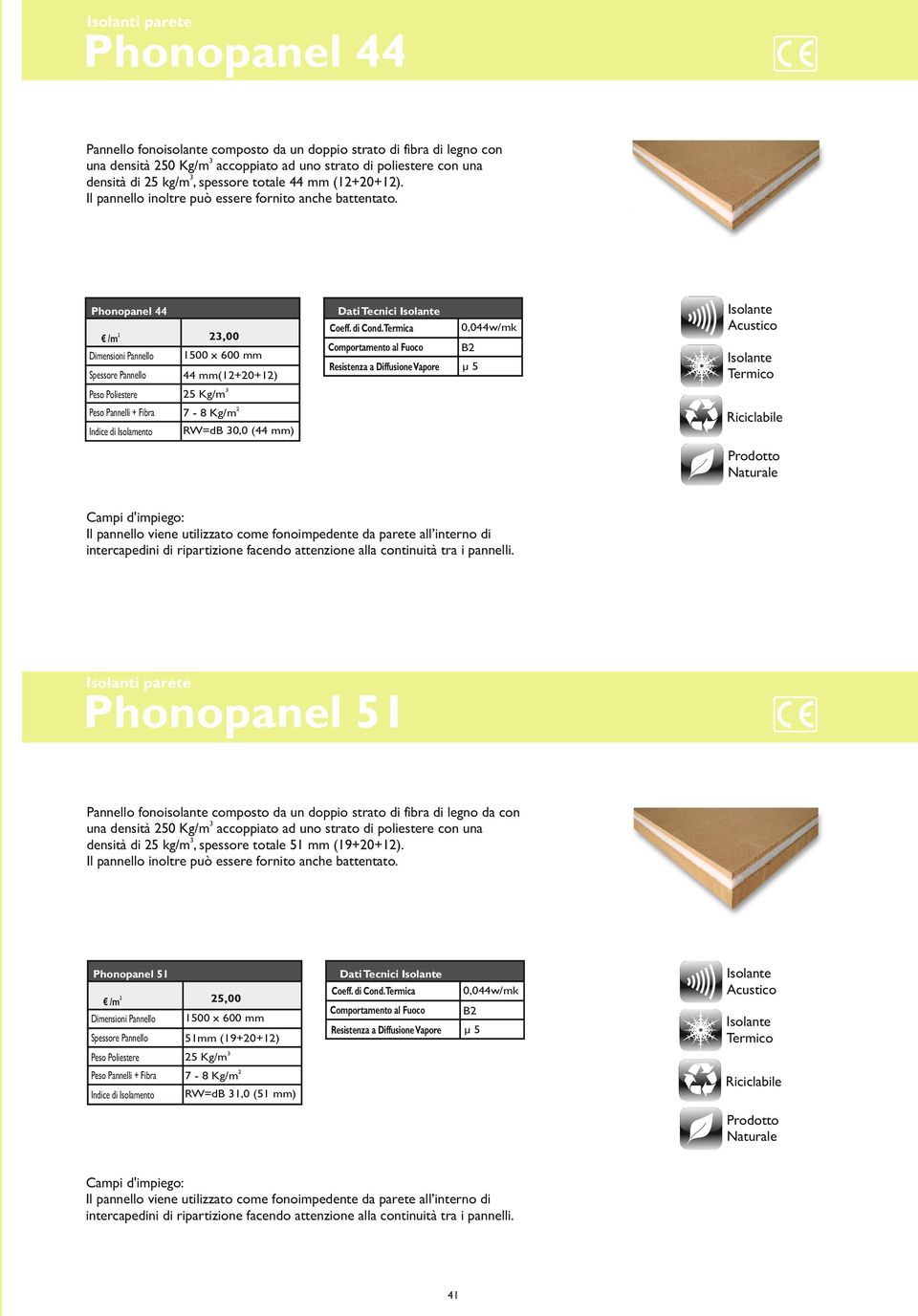 Phonopanel 44 Dati Tecnici 3,00 Dimensioni Pannello Pannello 44 mm(1+0+1) Peso Poliestere 5 Kg/m3 Peso Pannelli + Fibra 7-8 Kg/m Indice di Isolamento RW=dB 30,0 (44 mm) Coeff. di Cond.
